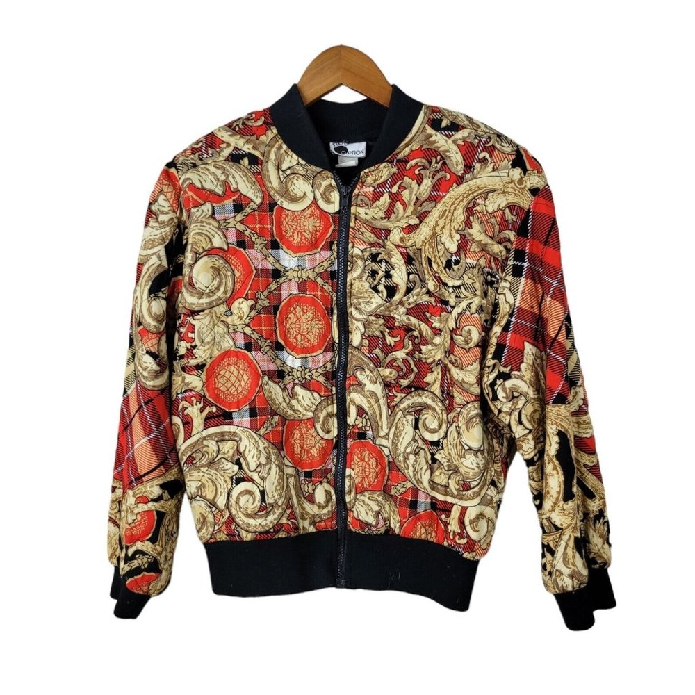 Vtg 90s size Small Medium Bomber Jacket Royalcore Coat Plaid Red Gold Quilted